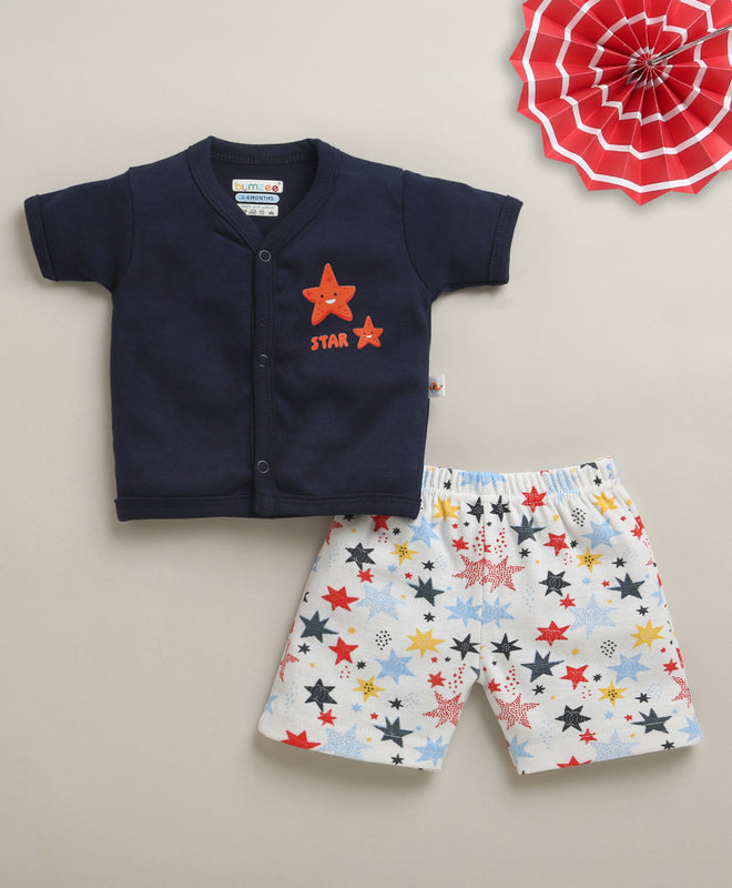 BUMZEE Navy & White Baby Boys Half Sleeves Jabla & Short Set