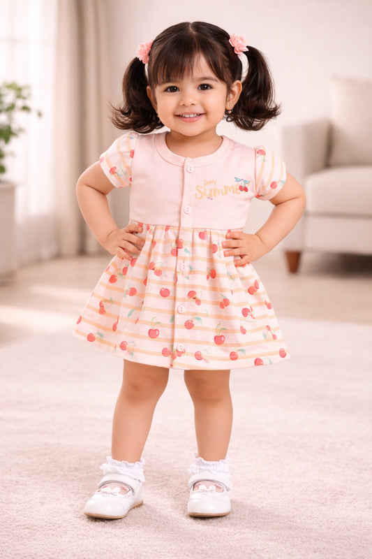 Peach Girls Cap Sleeves Frock With Panty