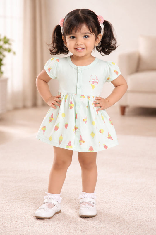 Green Girls Cap Sleeves Frock With Panty