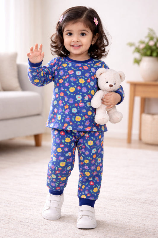 Navy Girls Full Sleeves Cotton T-Shirt & Pyjama Set