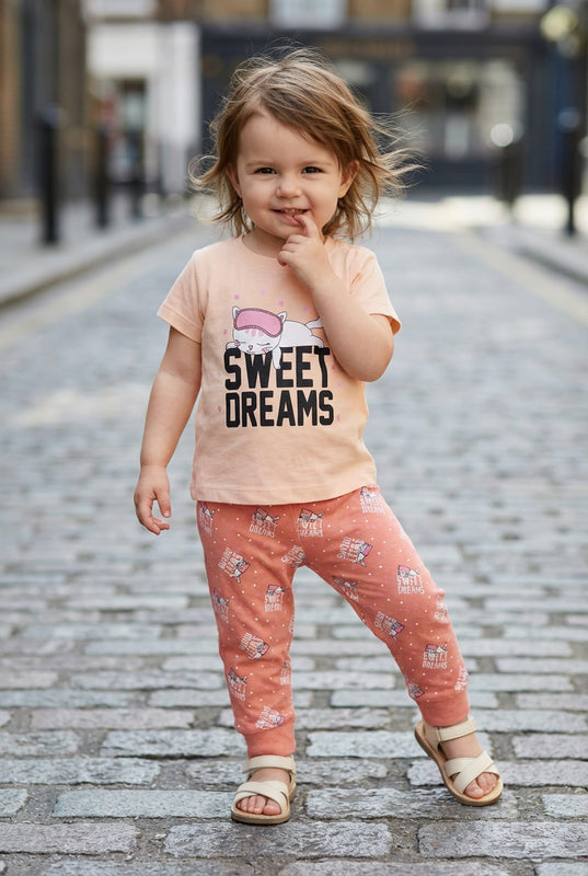 Peach & Orange Girls Half Sleeves Cotton T-Shirt & Pyjama Set