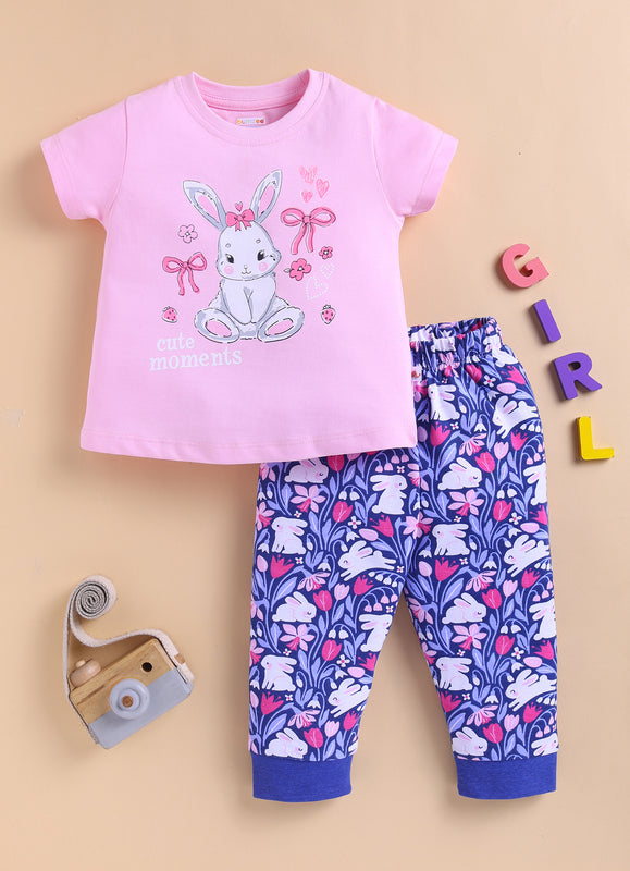 Pink & Navy Girls Half Sleeves Cotton T-Shirt & Pyjama Set
