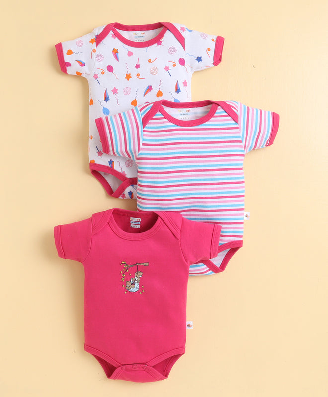 Pink & White Girls Half Sleeves Bodysuit Pack Of 3