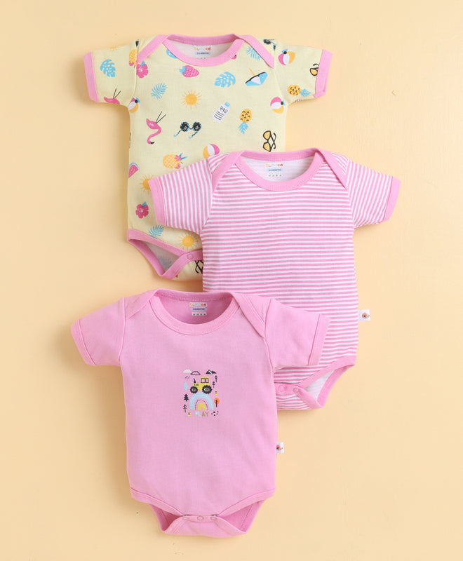 Pink & Yellow Girls Half Sleeves Bodysuit Pack Of 3