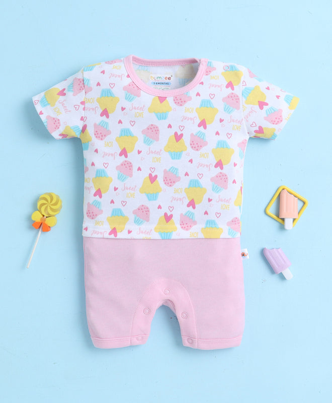 White & Baby Pink Girls Half Sleeves Thigh Length Romper
