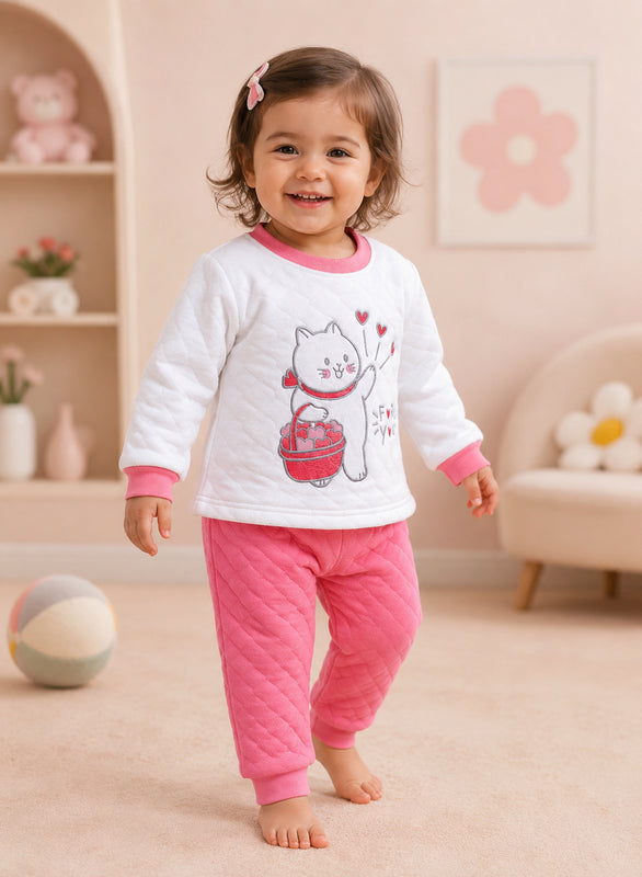 Bumzee Off White & Coral Pink Embroidered Winter Set, Full Sleeves, Padded