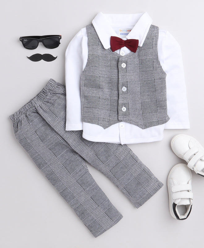 BUMZEE Grey & White Boys Full Sleeves Shirt Waistcoat & Pant Set With Applique Bow
