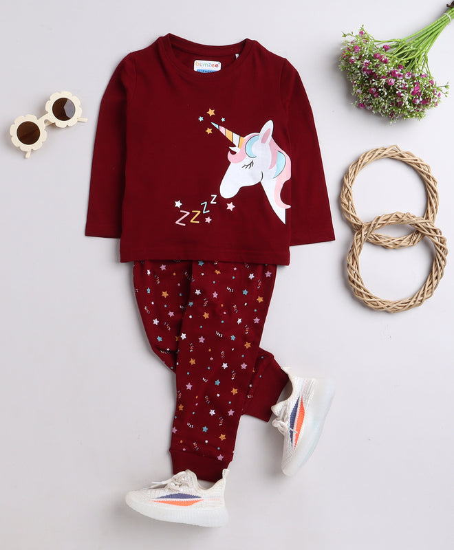 Bumzee Maroon Unicorn Print T-Shirt & Pyjama Set, Full Sleeves, 100% Cotton