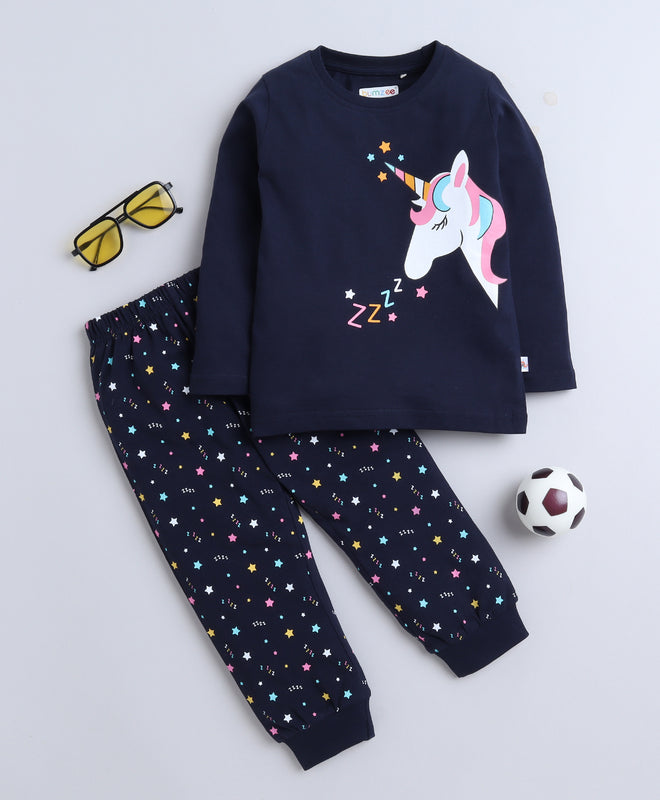 Girls 100% Cotton Unicorn T-Shirt & Pyjama Set - Navy