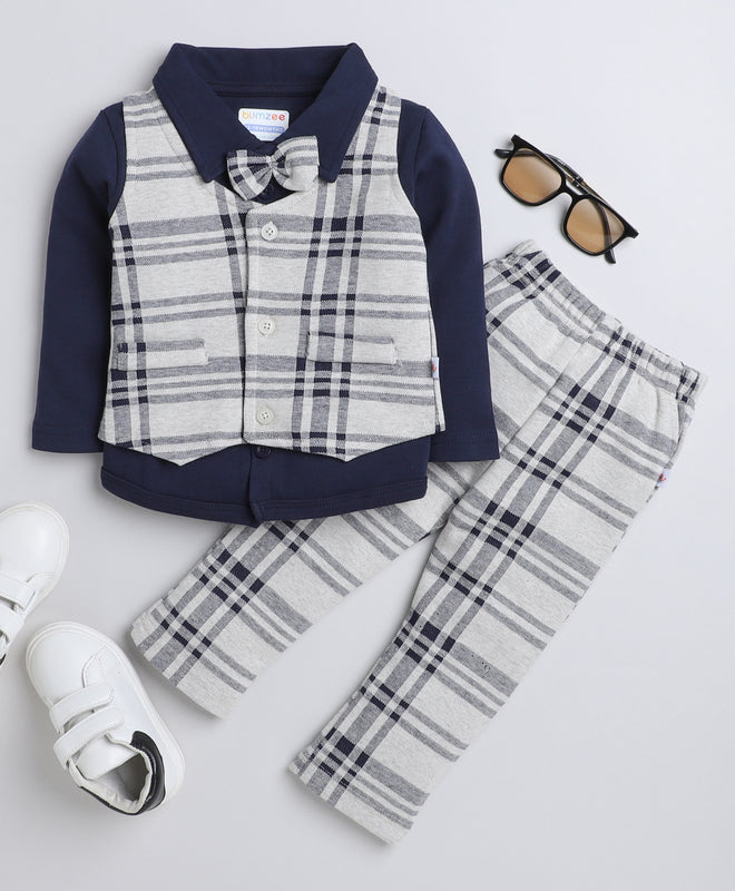Beige & Navy Boys Full Sleeves Shirt Waistcoat & Pant Set With Applique Bow