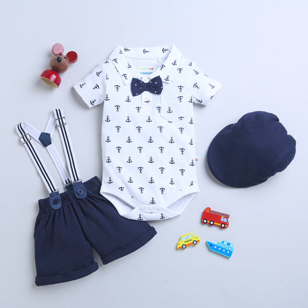 Bumzee Navy & White Graphic Print Bodysuit & Short Set, Half Sleeves, 100% Cotton