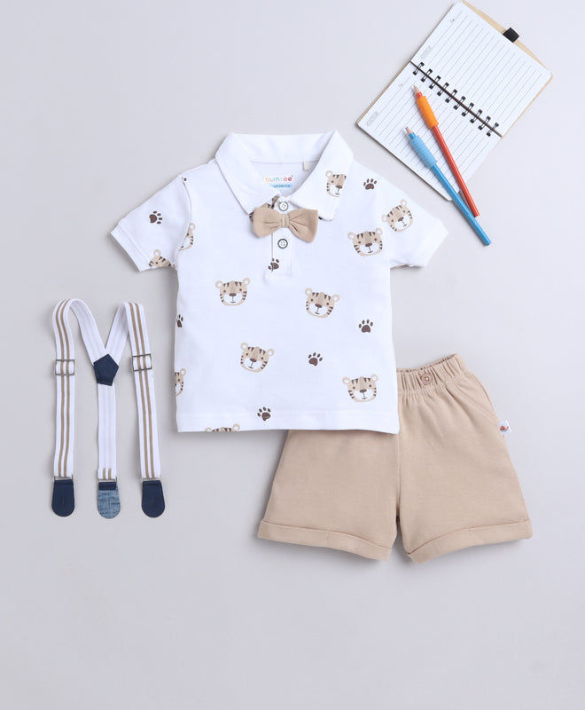Boys 100% Cotton NA T-Shirt & Short Set - White & Brown