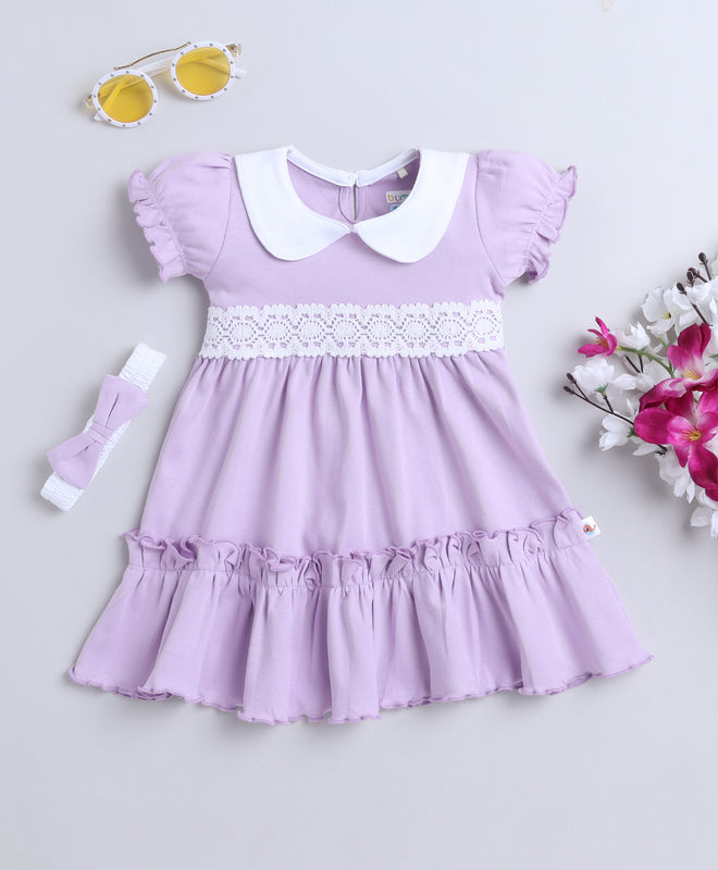 Lavender Girls Half Sleeves Cotton Frock With Headband