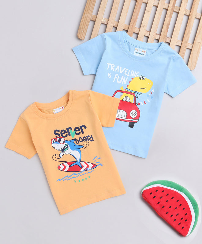 BUMZEE Sky Blue & Orange Boys Half Sleeves T-Shirts Pack Of 2