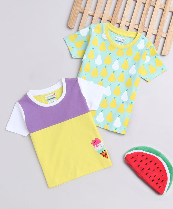 BUMZEE Mint & Yellow Girls Half Sleeves T-Shirts Pack Of 2