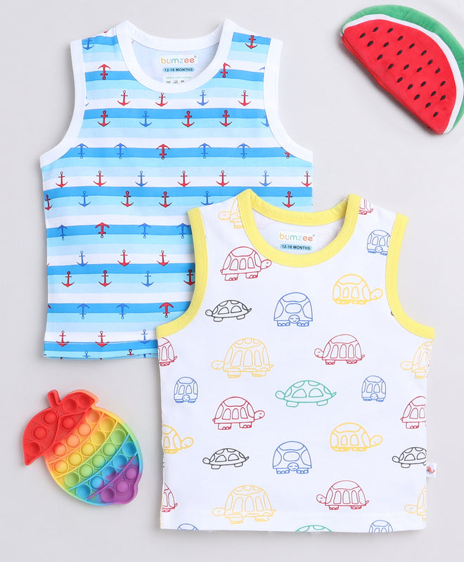 BUMZEE Blue & White Boys Sleeveless T-Shirts Pack Of 2