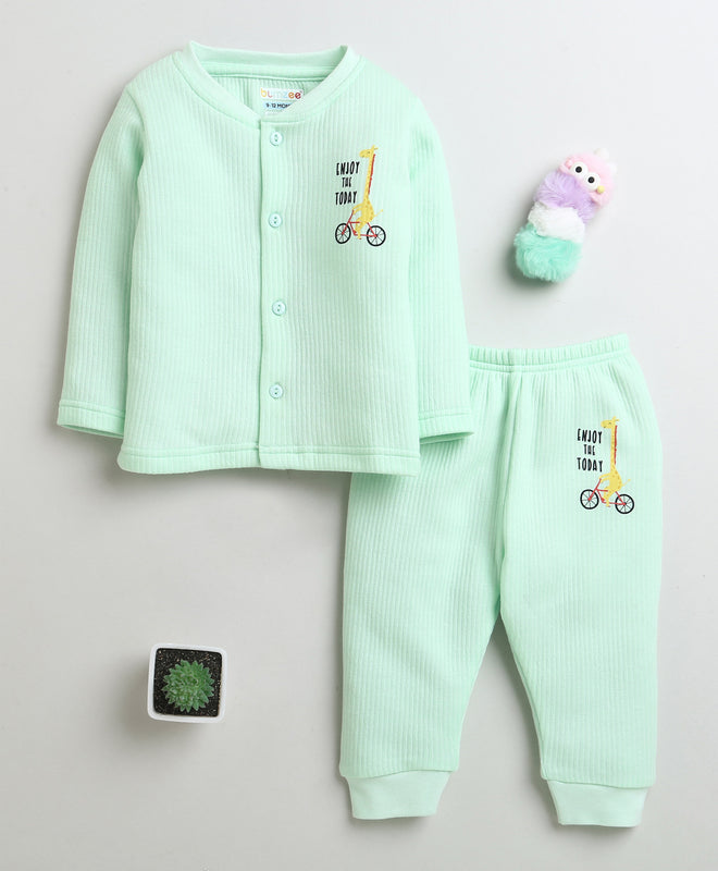 Boys Cotton Blend Solid Thermal Jabla & Jogger Set - Mint Green