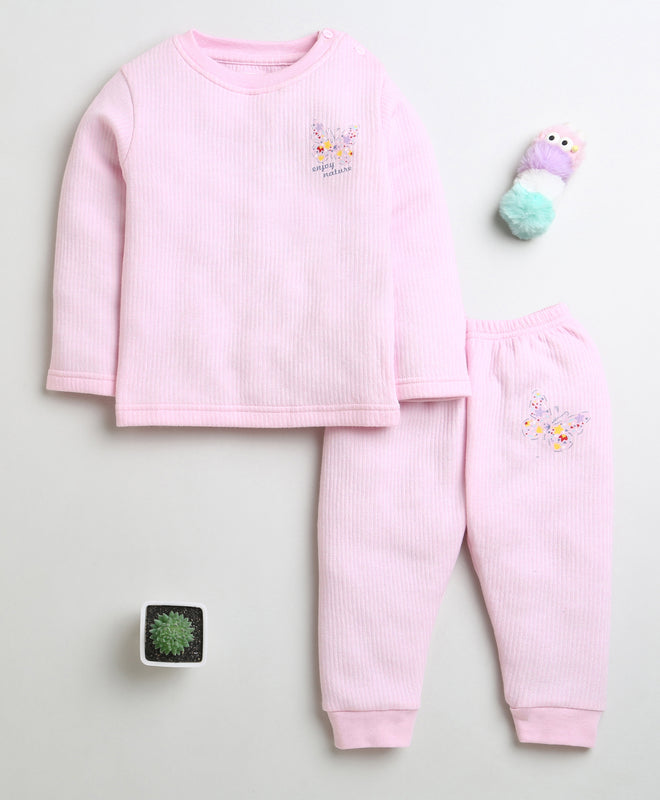Girls Cotton Blend Solid Thermal T-Shirt & Jogger Set - Pink