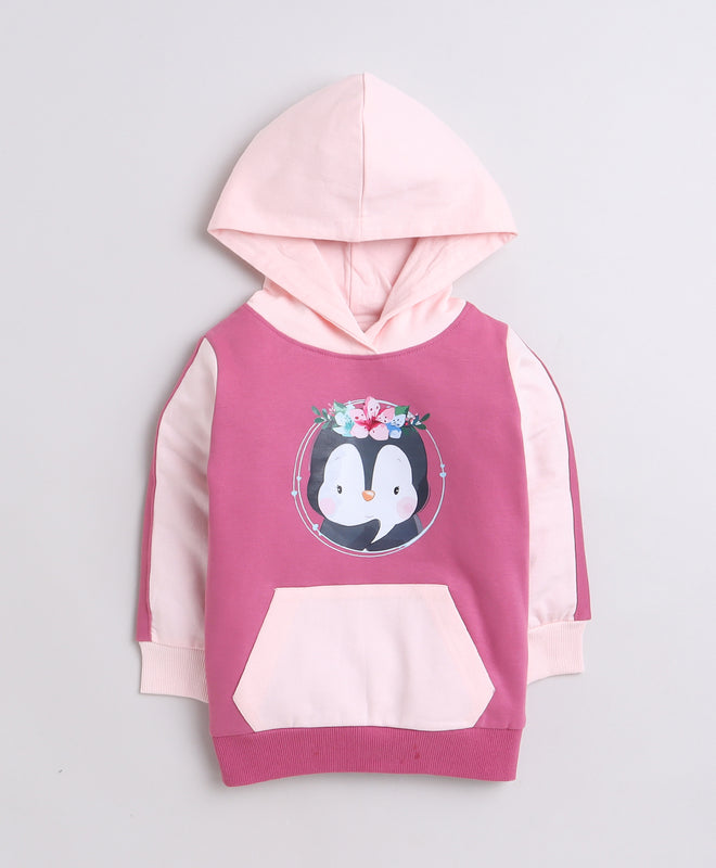 Girls Fleece Penguin Hooded Sweatshirt - Mauve & Pink