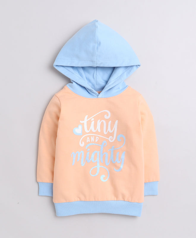 Girls French Terry Text Hooded Sweatshirt - Peach & Blue