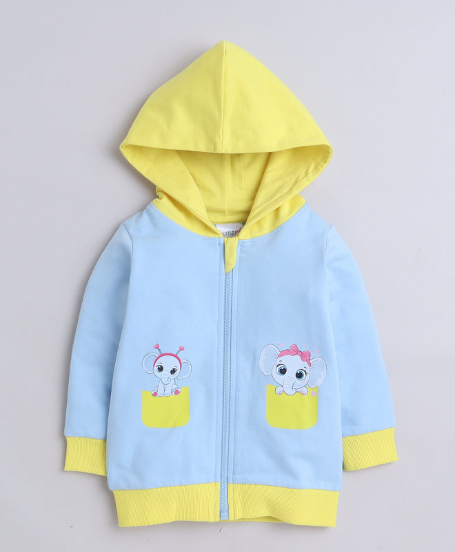 Girls French Terry Baby Elephant Hooded Sweatshirt - Sky Blue & Yellow