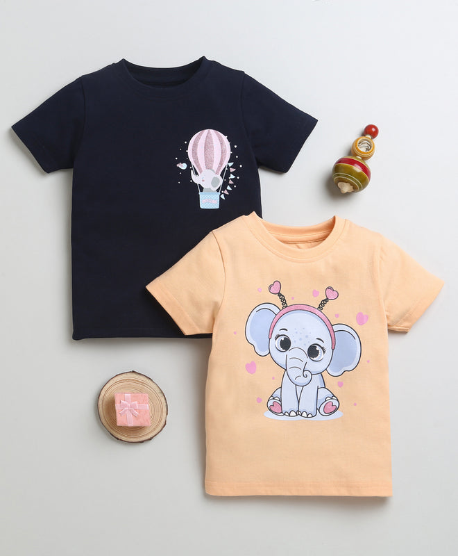 Girls 100% Cotton Elephant T-Shirt Pack - Navy & Orange