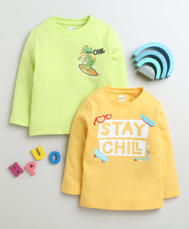 Boys 100% Cotton Dinosaur & Stay Chill T-Shirt - Yellow & Lime Green