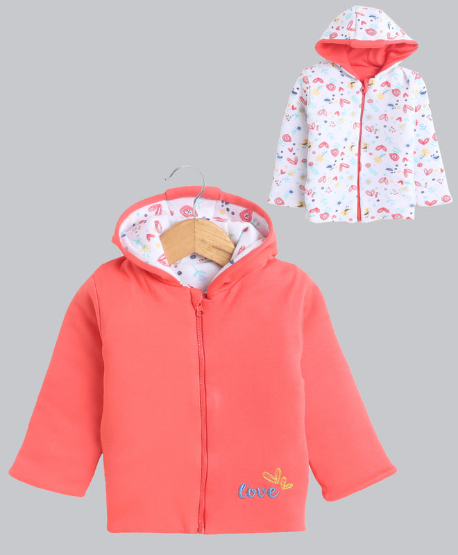 Girls 100% Cotton Solid Jacket - Coral & White