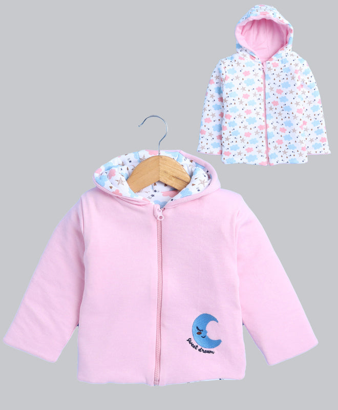 Girls 100% Cotton Solid Jacket - Baby Pink & White