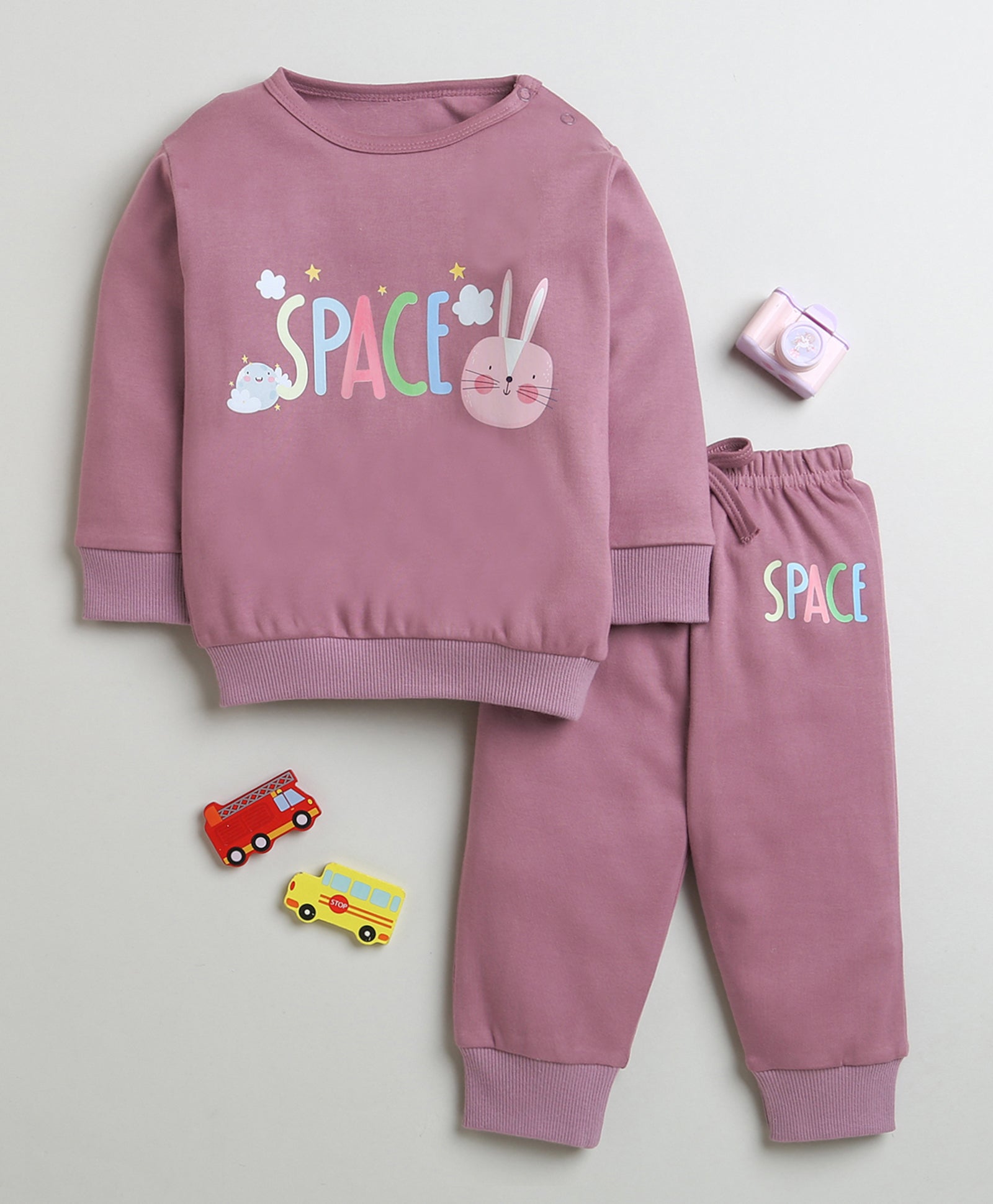 Girls 100% Cotton Space & Bunny Sweatshirt & Jogger Set - Mauve