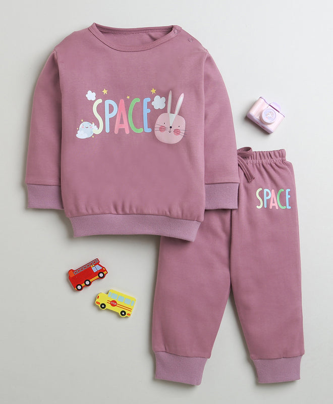 Girls 100% Cotton Space & Bunny Sweatshirt & Jogger Set - Mauve