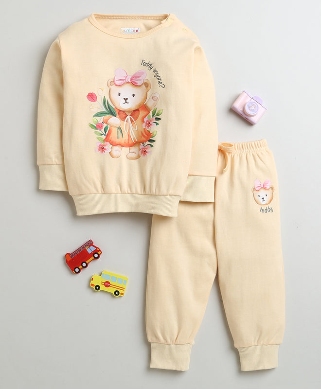 Girls 100% Cotton Teddy Bear Sweatshirt & Jogger Set - Peach