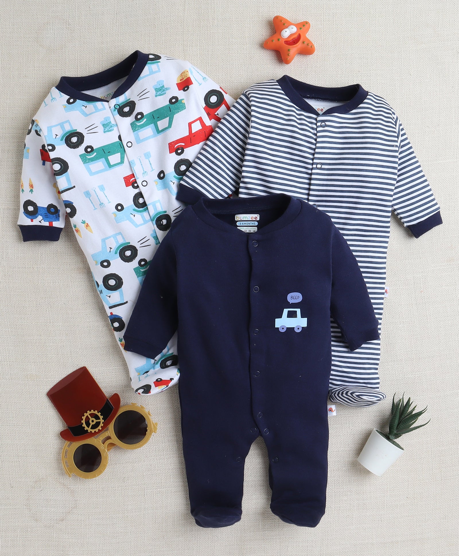 Boys 100% Cotton Vehicle Sleepsuit - Navy & White