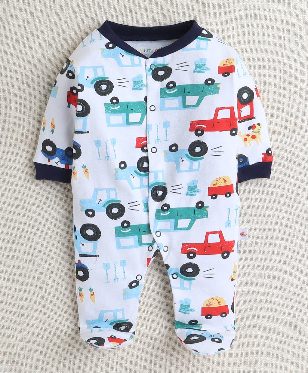 Bumzee Navy & White Graphic Print Sleepsuit, Pack of 3, Full Sleeves, 100% Cotton (Style Peb10044)
