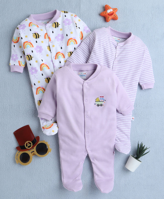 Girls 100% Cotton Rainbow & Bee Sleepsuit - Lavender & White