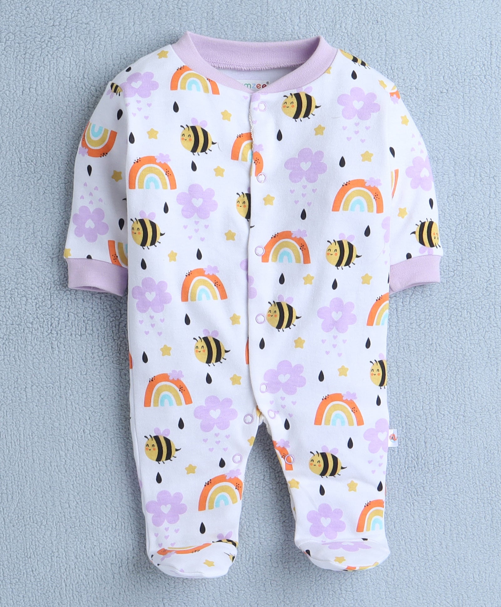Girls 100% Cotton Rainbow & Bee Sleepsuit - Lavender & White