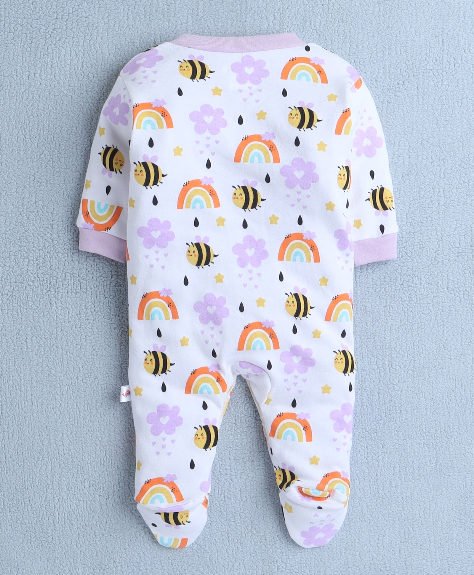 Girls 100% Cotton Rainbow & Bee Sleepsuit - Lavender & White
