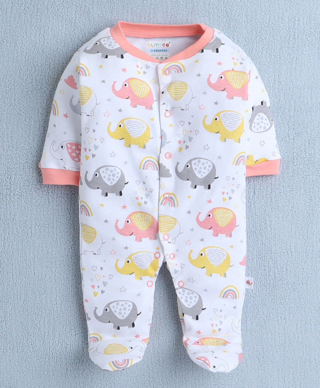 Bumzee Peach & White Animal Print Sleepsuit, Pack of 3, Full Sleeves, 100% Cotton