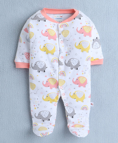 Bumzee Peach & White Animal Print Sleepsuit, Pack of 3, Full Sleeves, 100% Cotton