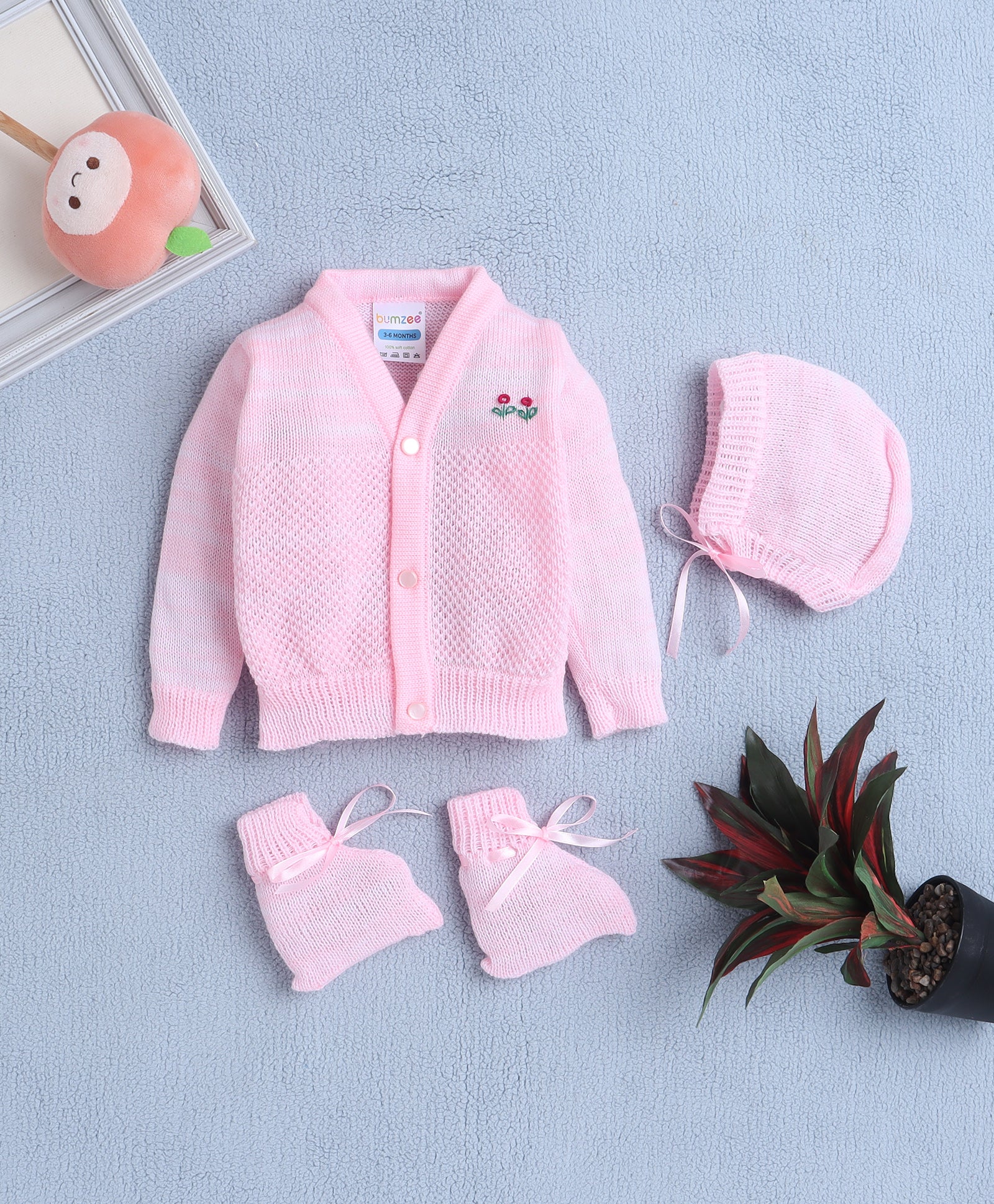 Girls Acrylic Blend Solid Sweater with Cap & Socks - Pink
