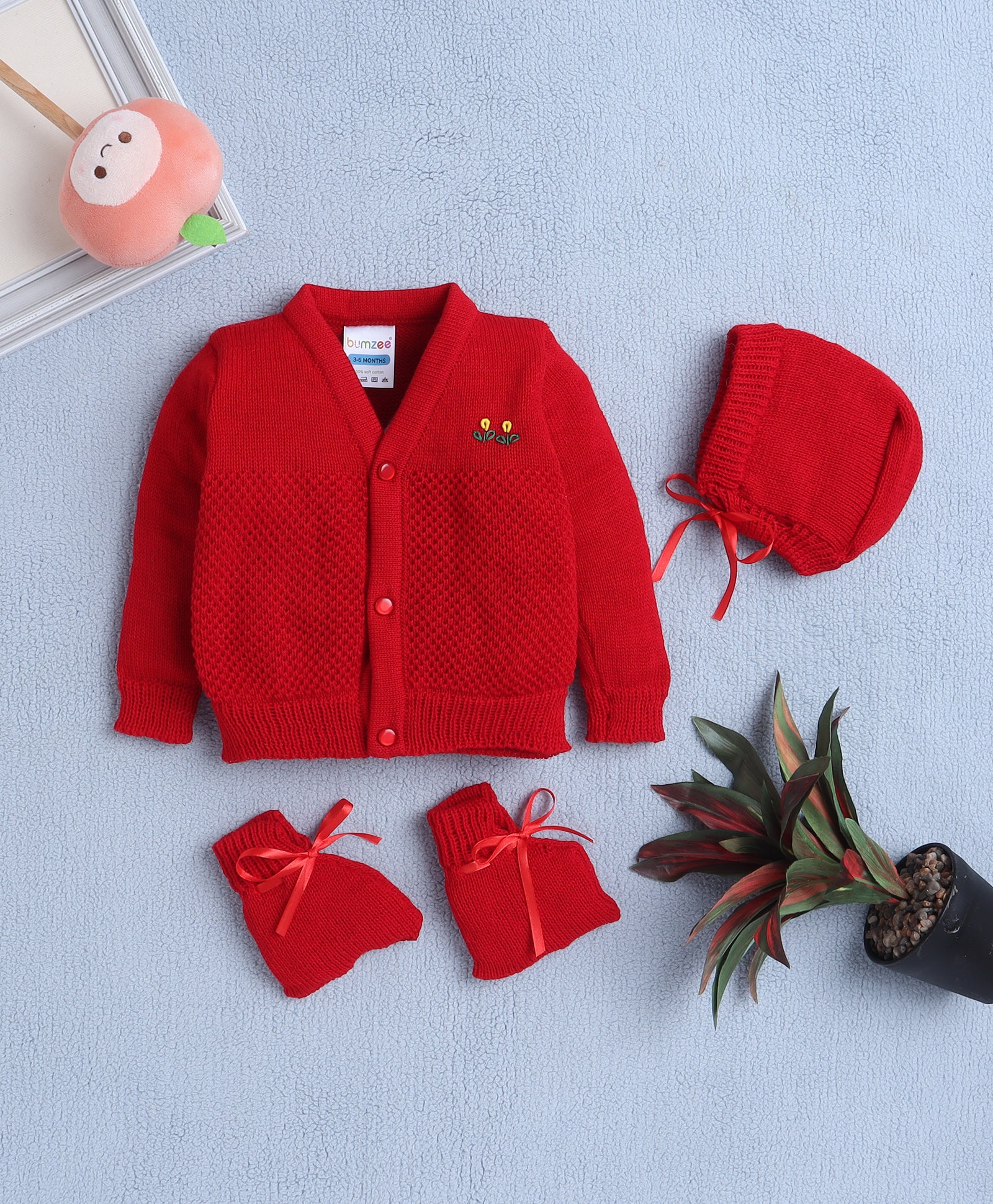 Boys Acrylic Blend Solid Sweater with Cap & Socks - Red