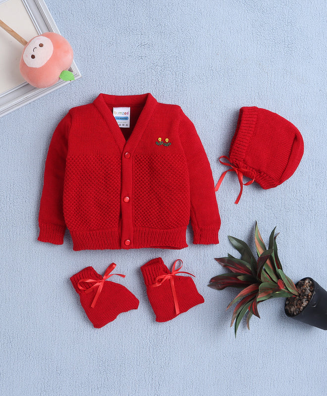 Boys Acrylic Blend Solid Sweater with Cap & Socks - Red