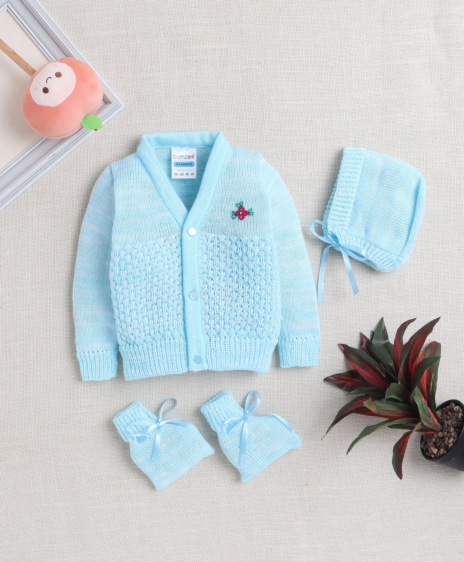 Boys Acrylic Blend Solid Sweater with Cap & Socks - Aqua