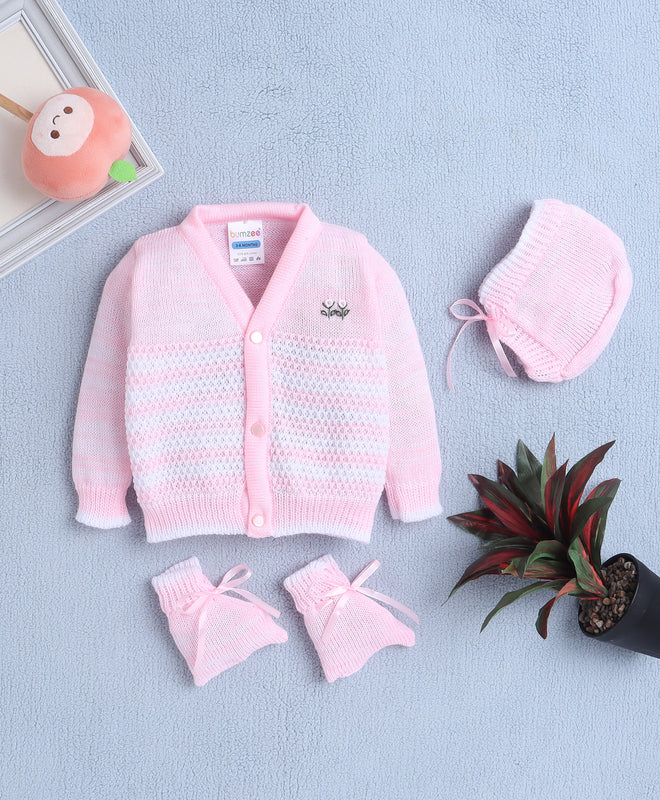 Girls Acrylic Blend Solid Sweater with Cap & Socks - Pink