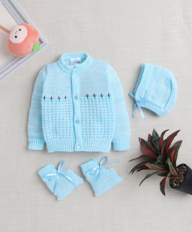 Boys Acrylic Blend Solid Sweater with Cap & Socks - Aqua