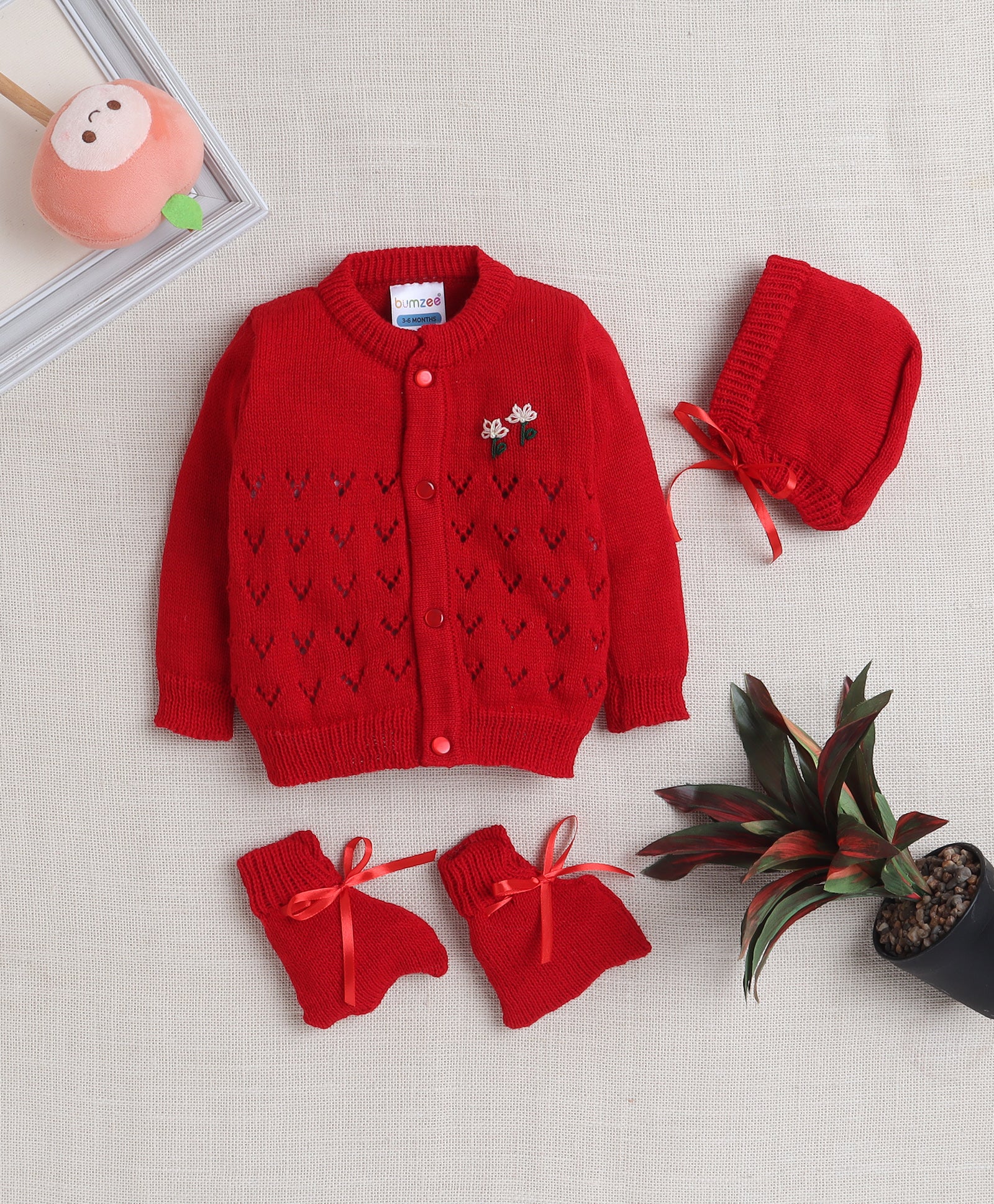 Boys Acrylic Blend Solid Sweater with Cap & Socks - Red