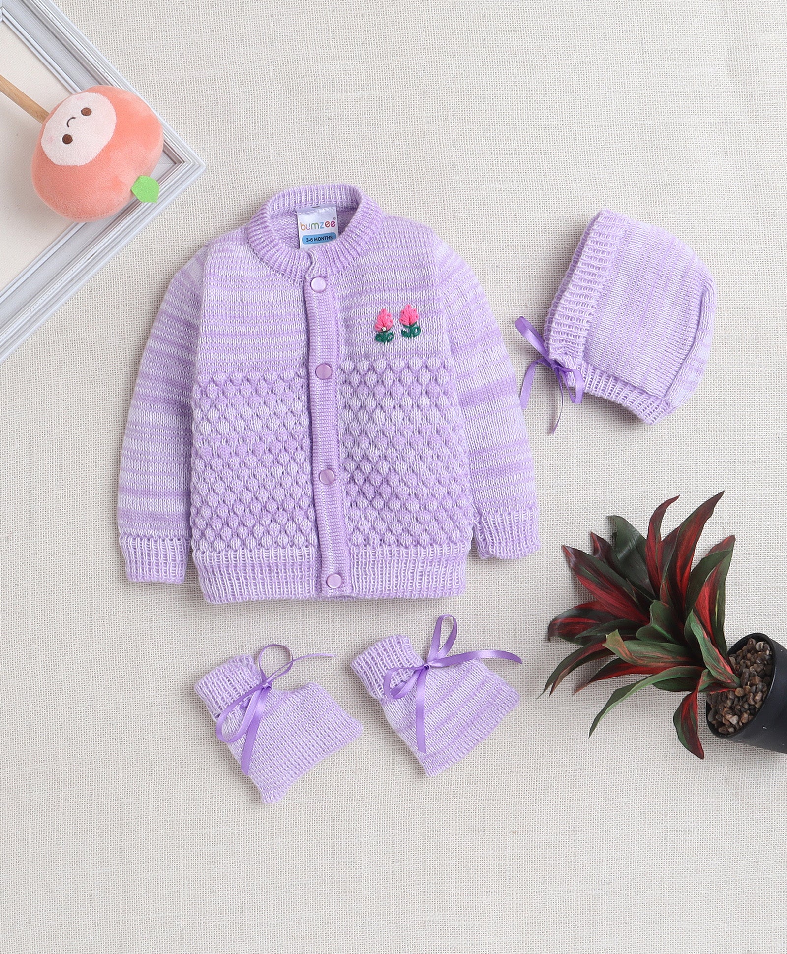 Girls Acrylic Blend Solid Sweater with Cap & Socks - Lavender