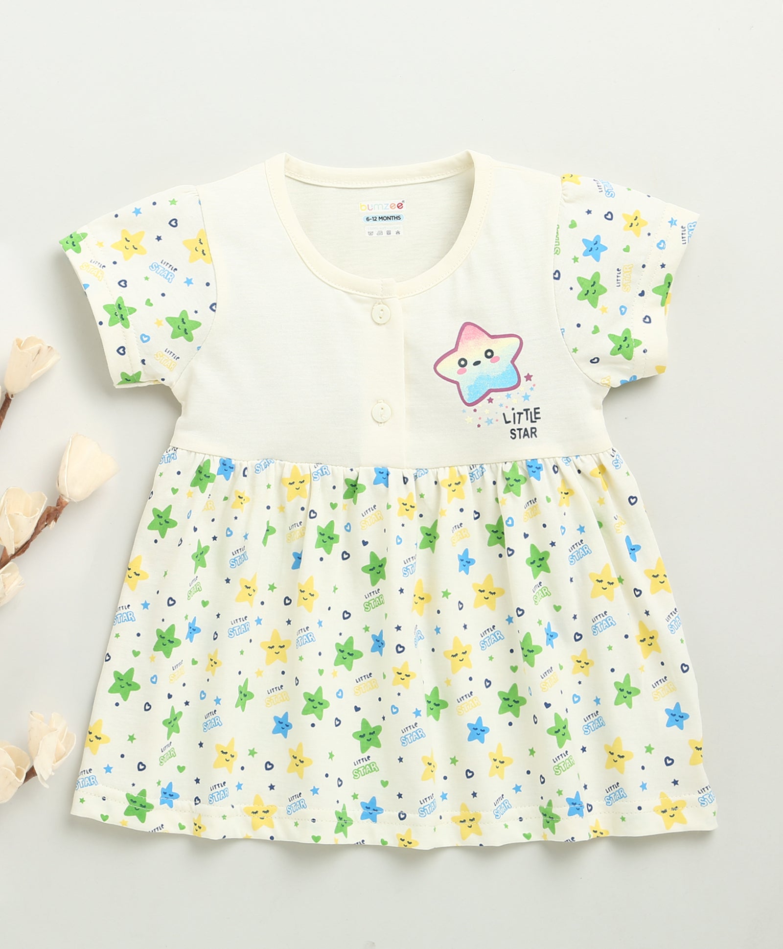 Cream Girls Cap Sleeves Cotton Knee Length Frock