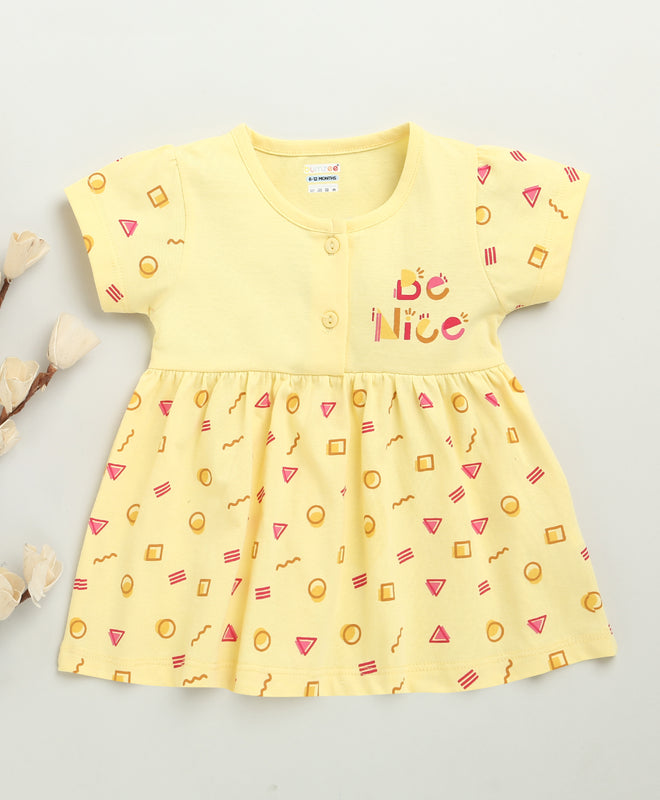 Yellow Girls Cap Sleeves Cotton Knee Length Frock