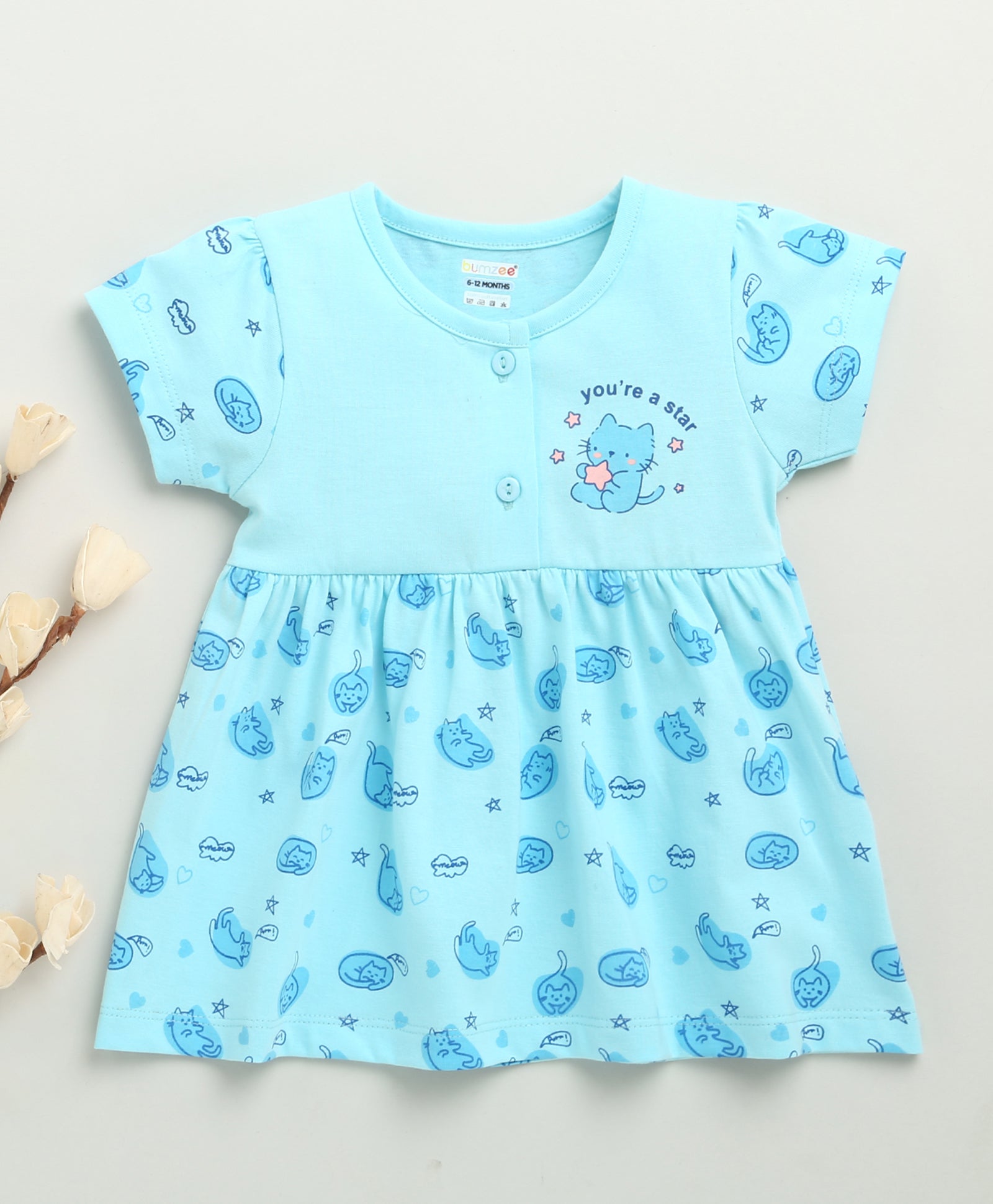 Blue Girls Cap Sleeves Cotton Knee Length Frock